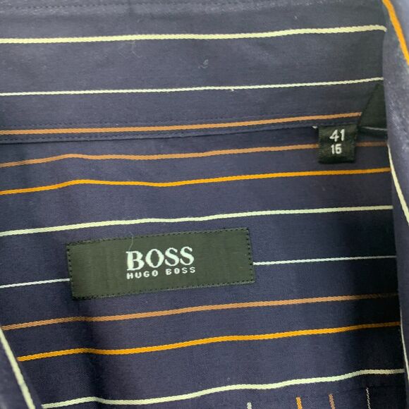Hugo Boss Dress Shirt Mens 16 Navy Blue Striped Cotton Button Up Collared - Picture 6 of 11